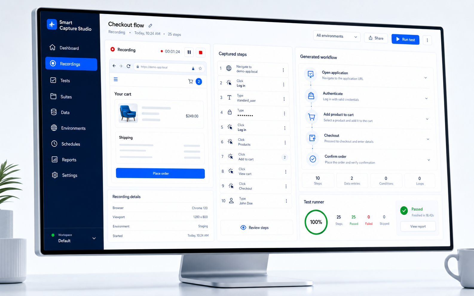 Smart Capture Studio workflow with recorded browser steps, generated automation, and execution results